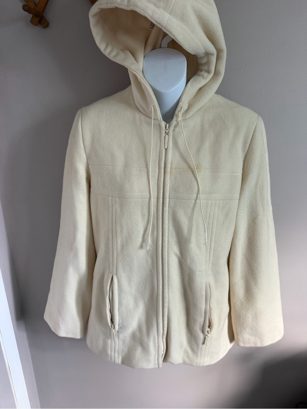 Vintage CG Cecil Gee Cream Wool Cashmere Hooded Zip Jacket Size 10